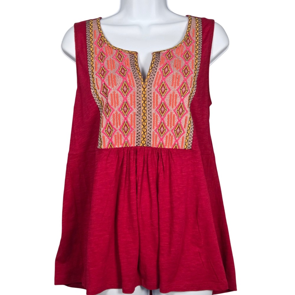 Sundance Womens Medium‎ Sleeveless Embroidered Split Neck Top Red Boho